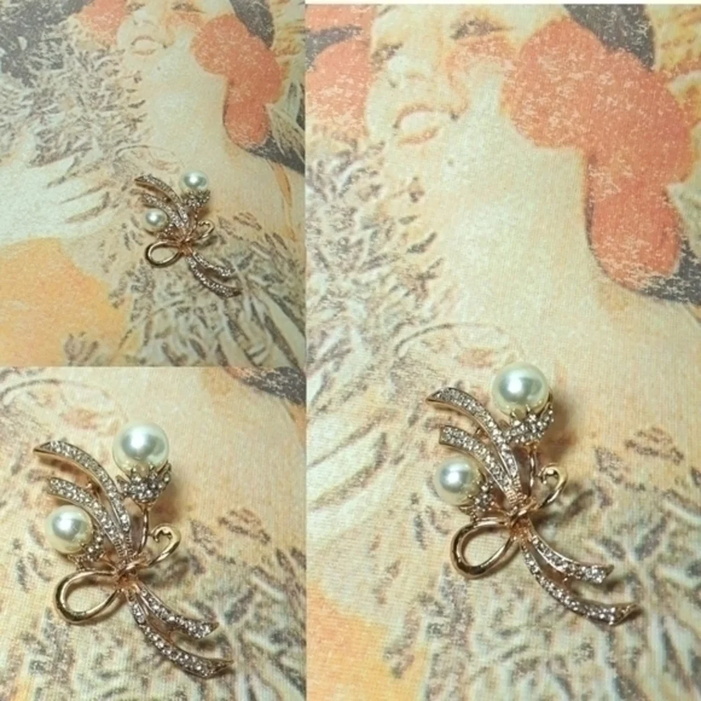 Wispy Ribbon Pearly Bouquet Bar Brooch Pin